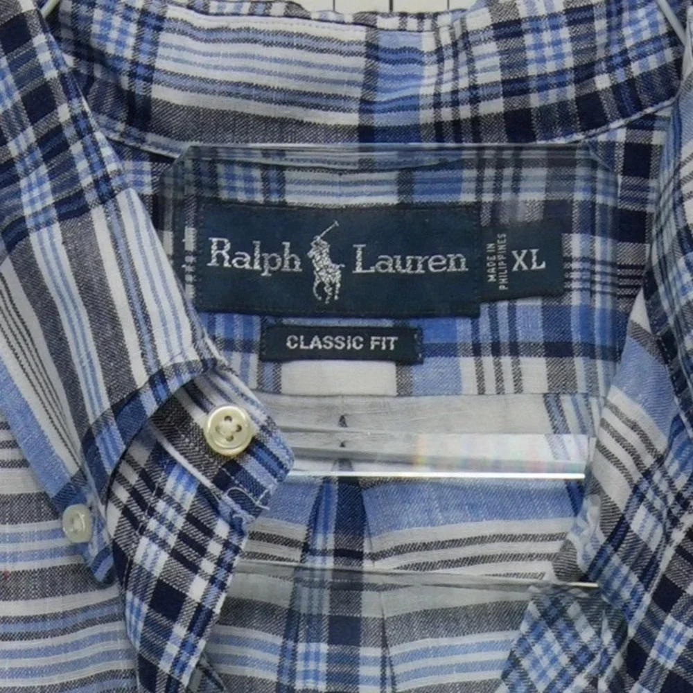 Polo Ralph Lauren Button Down Men's Size XL Blue White‎ Plaid Linen Cotton S/S